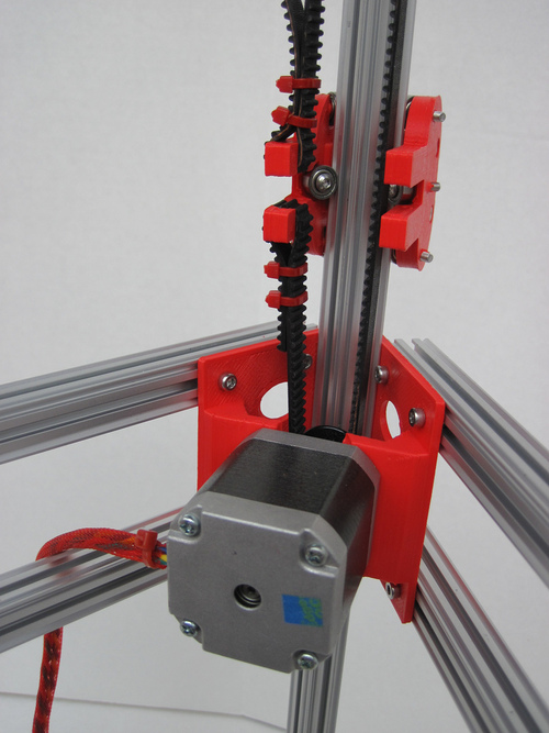 Work in progress: using OpenBeam instead of smooth rods and hand-cut plywood to make a very rigid frame for my next Rostock prototype. Each carriage has six 623zz bearings running directly on the extrusion frame. Click on the picture to see more&#8230;