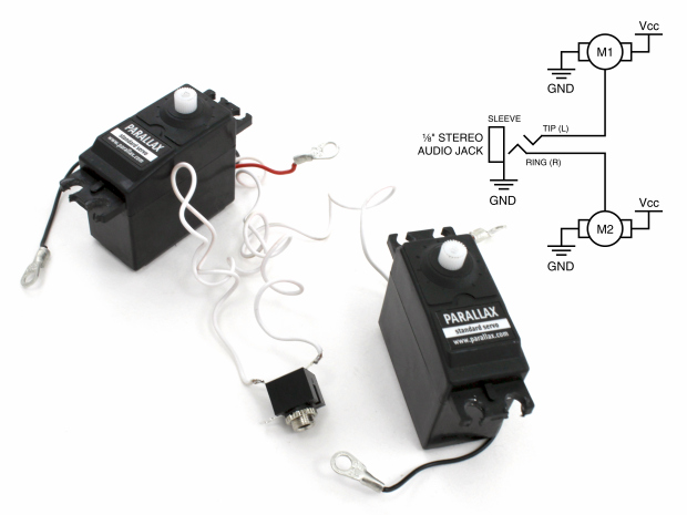 Two servos and a headphone jack are all there really is to TRS Drawbot's electronics. Robots don't get much simpler than this.