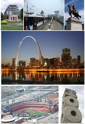 From top left: Forest Park Jewel Box, MetroLink at Lambert - St. Louis International Airport, Apotheosis of St. Louis at the St. Louis Art Museum, The Gateway Arch and the St. Louis skyline, Busch Stadium, and the St. Louis Zoo