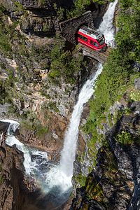 A RhB "Allegra" crosses the Bärentritt bridge in the Zügen Gorge, Switzerland