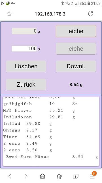 Zählwaage Waage Gewicht in excel Tabelle übertragen