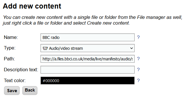 Edit content dialog with audio stream