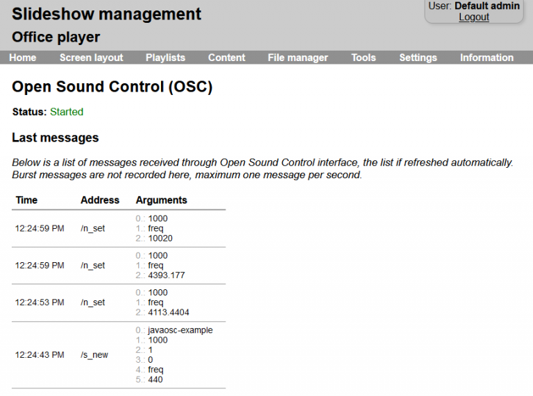 Open Sound Control page with messages