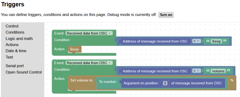 Sample triggers for OSC commands