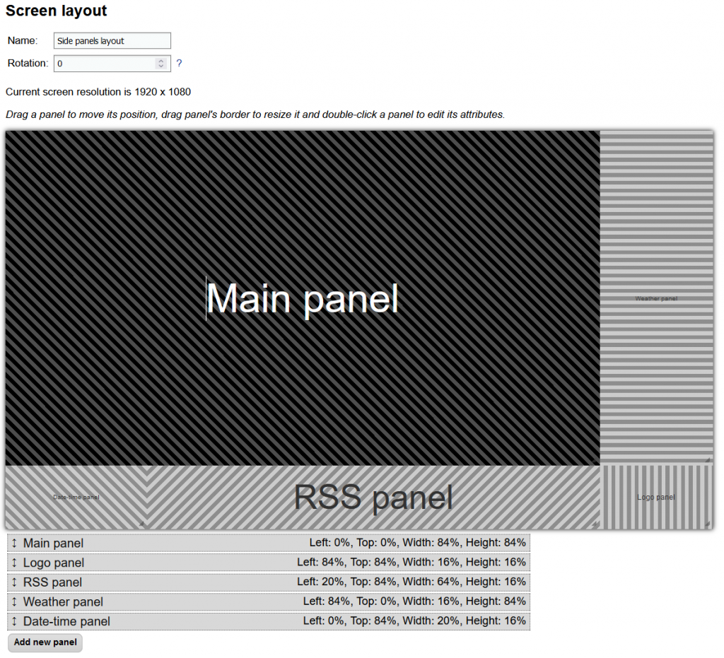 Configuration page of a screen layout