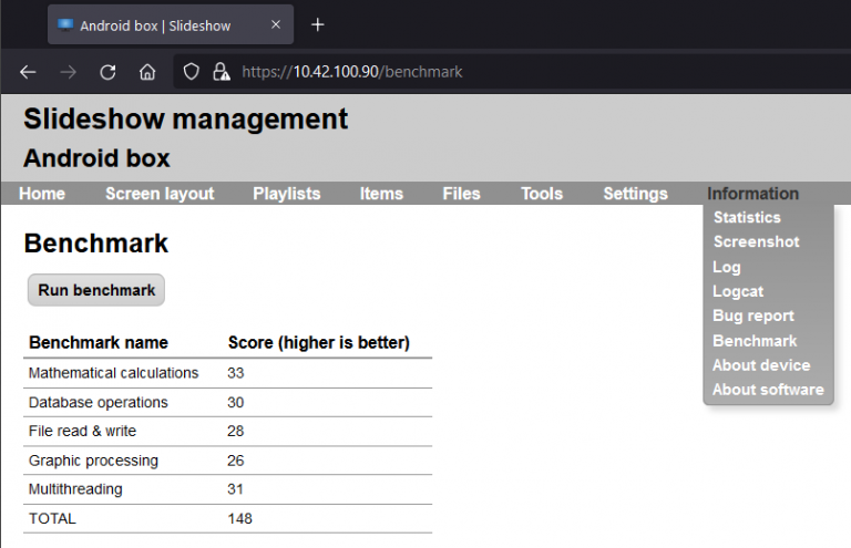 Benchmark page with results