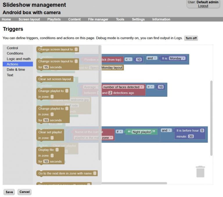 Triggers setup in the web interface