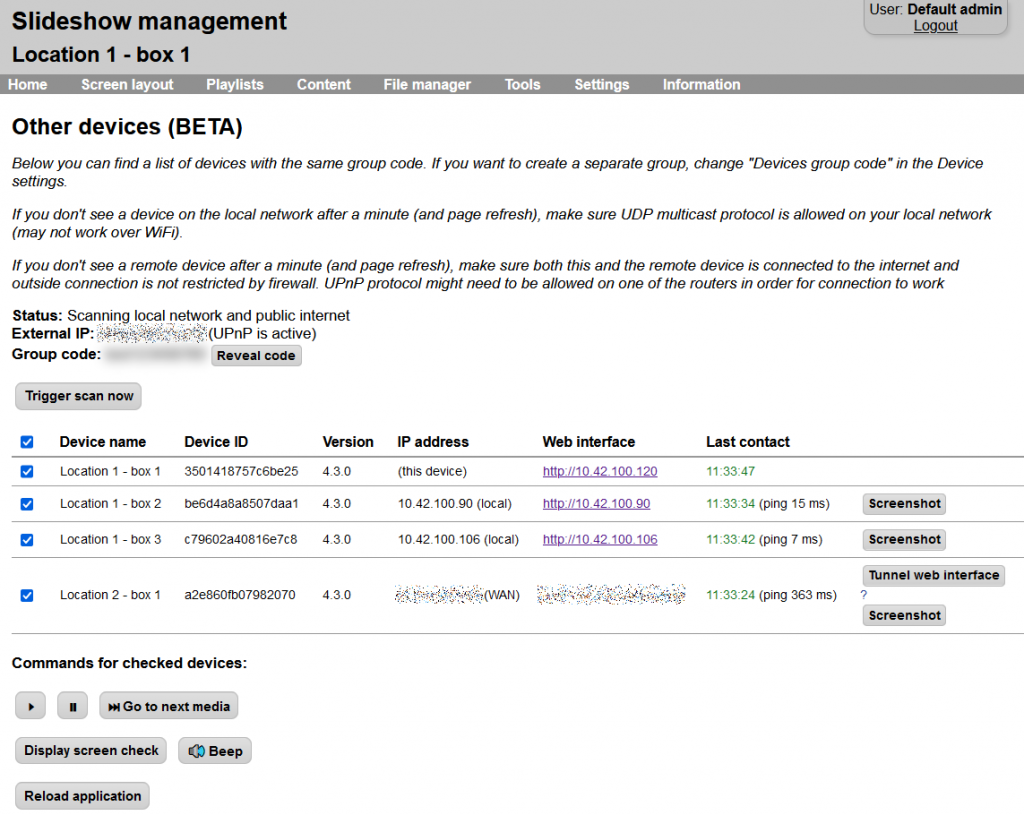 Other devices page in Slideshow's web interface