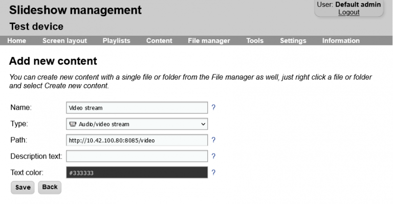 Creating new content with type Audio/video stream