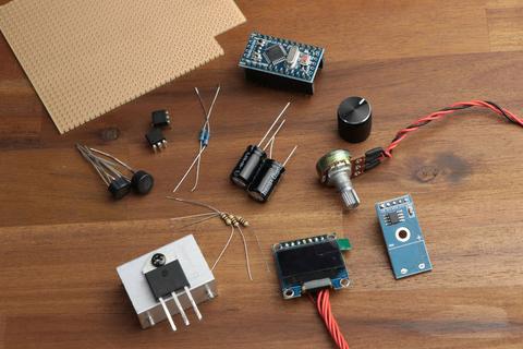The parts required to build a DIY soldering station.