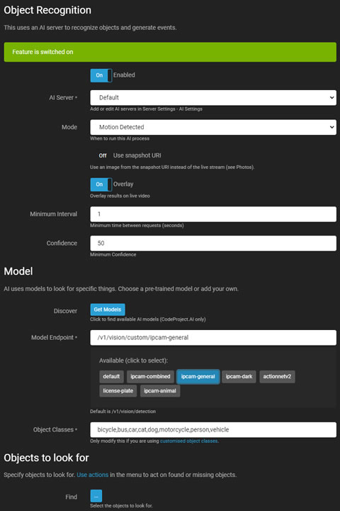 AI Object Recognition Settings