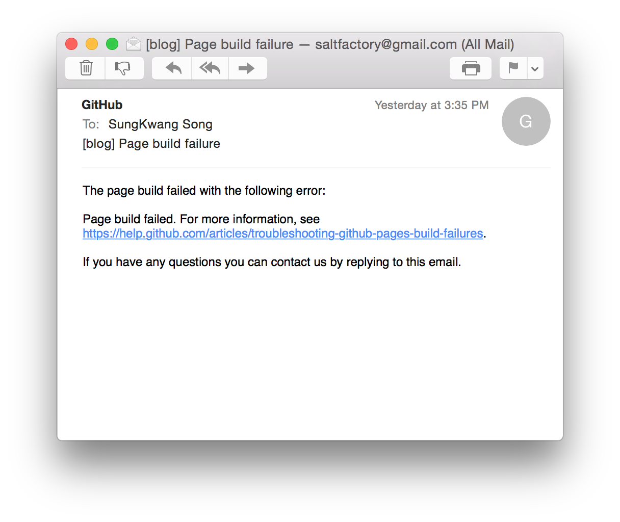 GitHub build failed email