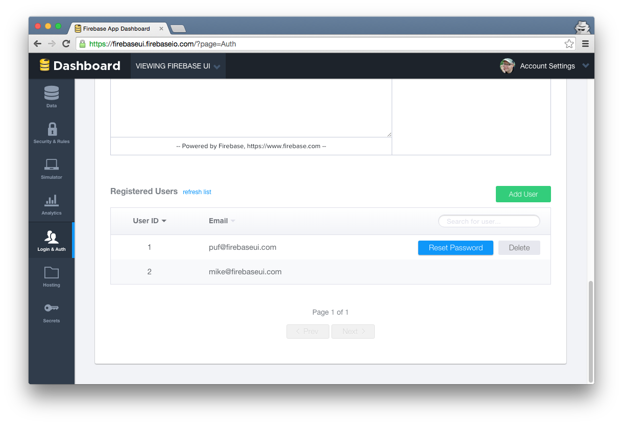 Auth dashboard with some users